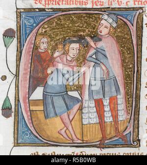 [Miniatur nur] Erste 'C', eine Szene, die Gehirn [Cerebrum]. Ein Arzt mit einem silbernen Messer schneidet über der Oberseite des Kopfes einer sitzenden Patienten, der Haken seine Hände im Gebet; hinter Ihnen, eine Telefonzentrale mit einer überdachten jar. Omne Bonum. England (London); 1360-1375. Quelle: Royal 6 E.VI, w.258 v. Sprache: Latein. Autor: JAMES LE PALMER. Stockfoto