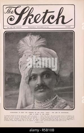 "Ranji - der Stau von Nawanagar." Ranjitsinhji, den Maharaja Jam Sahib von Nawanagar GCSI, GBE (10. September 1872 â € "2. April 1933) (auch bekannt als Kumar Shri Ranjitsinhji, Vibhaji Ranjitsinhji, K.S. Ranjitsinhji, Fürst von Nawanagar Staat und ein Test Cricketer für die englische Cricket Team gespielt. Im November 1914 wurde er an der Westfront zu dienen. Ranjitsinhji zum Major in der Britischen Armee, aber wie jeder, das indische Fürsten nicht in der Nähe der Kampfhandlungen von der Britischen erlaubt waren, da die Gefahr besteht, dass er nicht aktiv Service sehen. . Die Skizze. London, 1914. Stockfoto