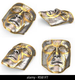 Eisernen Maske auf Gesicht, mit Gold Einsätze auf isolierten weißen Hintergrund. 3D-Darstellung Stockfoto