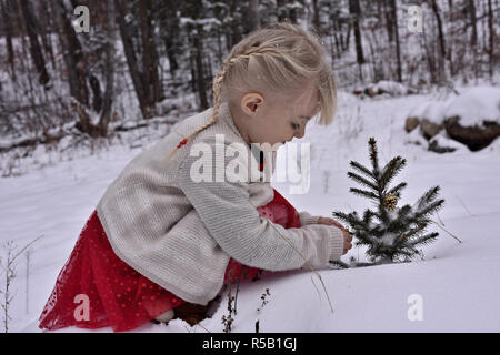 Schöne Mädchen findet den Geist von Weihnachten durch die Verzierung eines Outdoor Pine Tree fluffed im Schnee Stockfoto