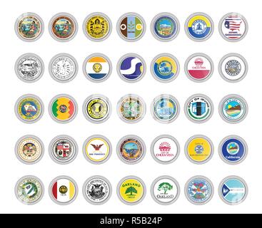 Satz von Vector Icons. Flaggen und Siegel der California State, USA. 3D-Darstellung. Stock Vektor
