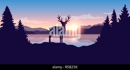 Rentier am See bei Sonnenaufgang Tiere natur landschaft Vektor-illustration EPS 10. Stock Vektor