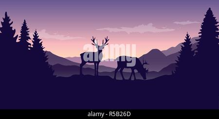 Zwei Tiere Rentiere auf lila Berg und Wald landschaft Vektor-illustration EPS 10. Stock Vektor