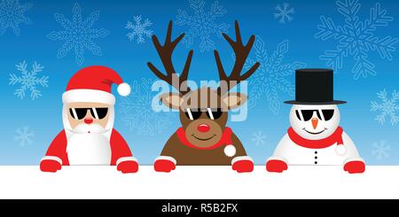 Süße rentier Weihnachtsmann und Schneemann cartoon mit Sonnenbrille auf verschneiten Winter Hintergrund Illustration Vektor EPS 10. Stock Vektor