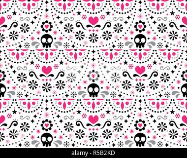 Mexikanischer Volkskunst Vektor nahtlose Muster mit Schädel, Halloween Dekoration, Blumen und abstrakte Formen, Rosa, Weiß und Grau textile Design Stock Vektor