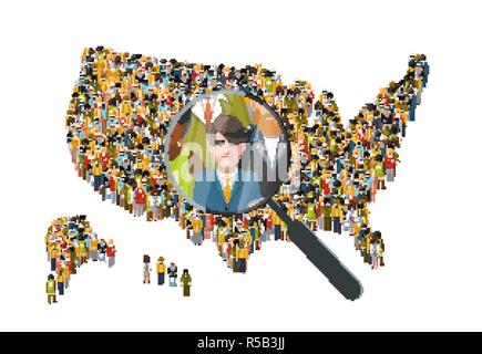 Auf der Suche nach einem Mann mit Lupe in internationalen Masse von Menschen in den USA Karte silhouette stehend, HR-Konzept Abbildung isoliert auf weißem Stock Vektor