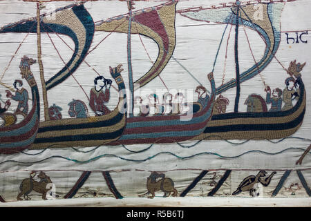 Frankreich, Normandie, Calvados, Bayeux, Tapisserie de Bayeux, Teppich von Bayeux, im 11. Jahrhundert erstellt, Detail der Mann mit der Kamera Stockfoto