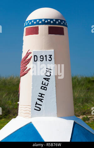 Frankreich, Normandie, Manche, D-Day Strände, WW2-Ära D-Day Invasion Utah Beach, Sainte Marie du Mont, Utah Beach Marker Stockfoto