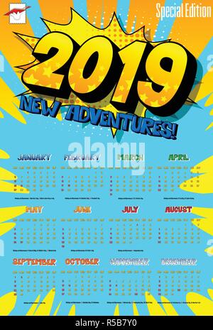 2019 Retro Stil Comic Kalender Vorlage mit allen zwölf Monat. Pop Art Stil Hintergrund. Farbige Vektor poster Abbildung. Stock Vektor