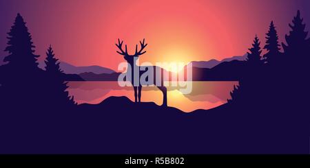 Schöne Natur Landschaft mit Rentier See Berge und Wald bei Sonnenuntergang Vektor-illustration EPS 10. Stock Vektor