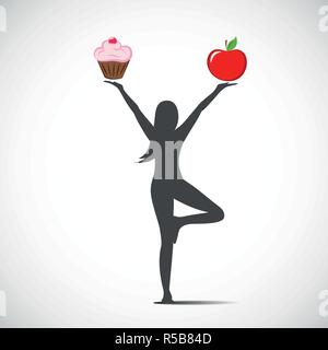 Frau in Yoga Position wählt zwischen einem gesunden Essen und schädliche Lebensmittel Vector Illustration Stock Vektor