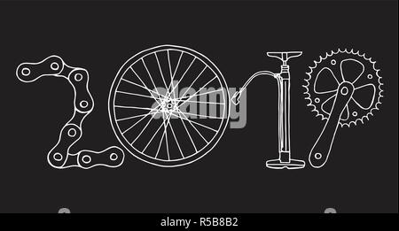 Hand gezeichnet Fahrrad 2019 Frohes neues Jahr Vektor in Schwarz und Weiß Stock Vektor