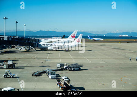 Ebenen bei Chubu Centrair Flughafen Nagoya, Japan, November 2018 Stockfoto