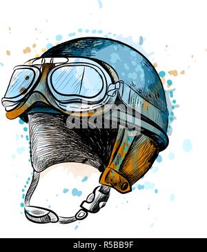 Oldtimer Motorrad Classic Helm mit Brille aus einer Splash von Aquarell Stock Vektor