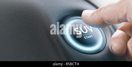 Mann mit einem SUV Motor START-Taste mit blauen lignt. Das zusammengesetzte Bild zwischen einer hand Fotografie und 3D-Hintergrund. Stockfoto