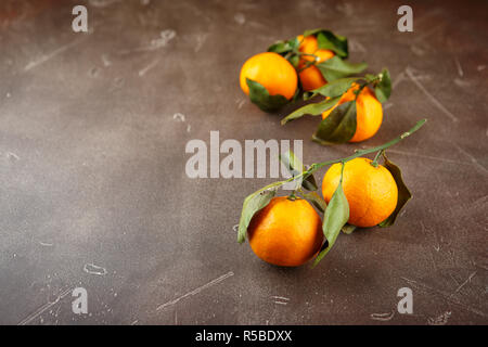 Mandarinen, Orangen, Mandarinen, Clementinen, Zitrusfrüchte, mit Blättern, kopieren Raum Stockfoto