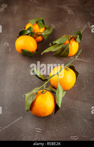 Mandarinen, Orangen, Mandarinen, Clementinen, Zitrusfrüchte, mit Blättern, kopieren Raum Stockfoto