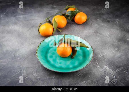 Mandarinen, Orangen, Mandarinen, Clementinen, Zitrusfrüchte mit Blättern auf der grünen Platte, Platz kopieren Stockfoto