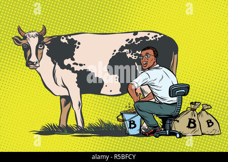 Afrikanischen Geschäftsmann Minen Melken einer Kuh, die Weltwirtschaft bitcoins Stockfoto