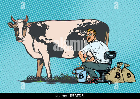Geschäftsmann Minen Melken einer Kuh, die Weltwirtschaft bitcoins Stockfoto