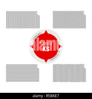 Schraffierte Muster Karte von Kansas. Stilisierte Einfache Silhouette von Kansas. Vier verschiedene Muster. Abbildung isoliert auf weißem Hintergrund. Stockfoto