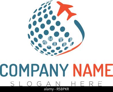 Vorlage für das Reisebüro-Vektorlogo. Flugzeug Ebene Logo Symbol Vektor Vorlage. Abstrakter Globus gepunktete Kugel, 3d-Halbton-Punkteffekt. Stock Vektor
