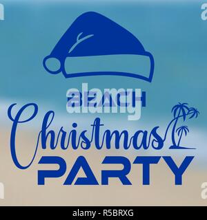 Christmas Party am Strand Typografie Symbol banner Seashore mit santa hut. Vector Illustration. Stock Vektor