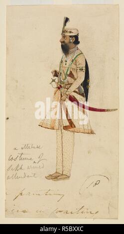 Ein Sikh Sardar, wahrscheinlich Raja Suchet Singh (1801-44), stehend nach links und trägt sie ein weißes Kleid und Hut. Er hat einen schwarzen Schild auf dem Rücken und ein Schwert in einer Scheide crimson an seiner Seite. c 1837. Von Lahore und Amritsar Künstler, Punjab Plains, c 1837. Wasser - Farbe mit Gold; 3.5 von 6,75 ins. Quelle: Hinzufügen. Oder. 3171. Autor: Anon. Stockfoto