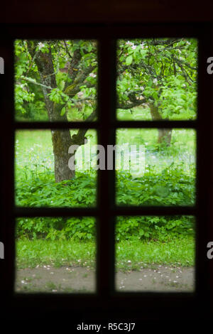 Estland, Estland, Inseln, Insel Muhu Muhu Koguva, das Open Air Museum, Blick durch Fischerhütte Fenster Stockfoto