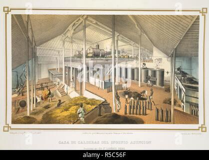Casa de Calderas. Los Ingenios. Coleccion De Vistas de los. Havanna, 1857. Casa de Calderas del ingenio AsunciÃ³n. Propiedad del SeÃ±oder Don Lorenzo Pedro. Das Innere eines kochendes Haus in Kuba. Bild von Los Ingenios genommen. Coleccion De Vistas de los principales ingenios de Azucar de la Isla de Cuba. Edicion de Lujo. El texto redactado por J. G. Cantero Las lÃ¡Minas dibujadas del Natürliche y litografiadas por Eduardo Laplante, usw. (Habana, 1857.). Ursprünglich veröffentlicht in Havanna, 1857 produziert. . Quelle: 1780. C.14,. Sprache: Spanisch. Stockfoto