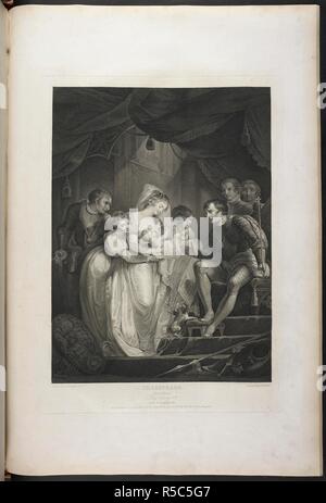 Dritter Teil von König Heinrich VI. akt V Szene VII - King Edward ist im Königlichen Palast entdeckt, sitzt auf seinem Thron. An seiner Seite ist Königin Elizabeth mit dem Kind Prinz. Clarence, Gloster, Hastings, und andere sind ebenfalls vorhanden. König Edward, "Komm her, Bess, und lassen Sie mich küssen, mein Junge...". Eine Sammlung von Bildern gemalt Zum Zwecke der Darstellung der dramatischen Werke von shakspeare, die von den Künstlerinnen und Künstlern von Großbritannien. London: J.&J. Boydell, 1803. Quelle: Tab. 599. c Vol. II, Platte XXI. Sprache: Englisch. Autor: Shakespeare, William. Northcote, J. Stockfoto