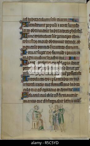 Bas-de-Seite Szene von Andrew vor dem König. Psalter (die "Queen Mary Psalter"). England (London/Westminster oder East Anglia?); zwischen 1310 und 1320. Quelle: Royal 2 B VII, 285 v. Sprache: Latein, mit französischen Bildunterschriften. Stockfoto