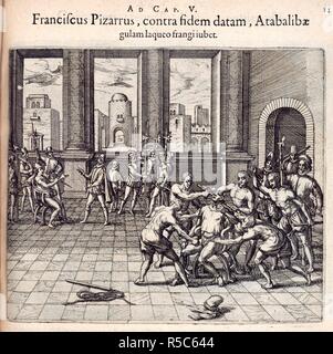 Die garotting von Atahualpa (1502-1533), letzter Kaiser der Inkas. [Amerika. - Teil VI.-Latein.] Americ: pars Sexta. [Frankfurt] 1596. Quelle: C.74. g. 6. (1), Scheibe 11 v. Sprache: Latein. Thema: de Bry, Theodor. Stockfoto