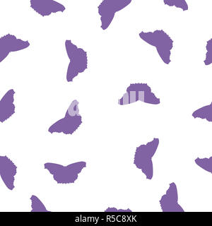 Nahtlose Muster flying Umrisse große Schmetterlinge lila Silhouetten isoliert auf Weiss. Nette einfache Tiere abstrakt Hintergrund für Kinder Zimmer Stockfoto