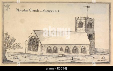 St. Laurentius Kirche, die Morden, den Kirchhof vor; Bäume auf der linken Seite; eine Wand auf der rechten Seite. Morden Kirche in Surrey, 1754. 1754. Quelle: Karten K. Top. 41.9. a. Sprache: Englisch. Stockfoto