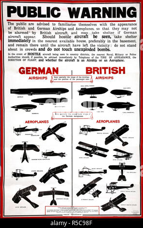 Public Warning Identification Poster für Militärflugzeuge und Luftschiffe der britischen und deutschen Armee des Ersten Weltkriegs Stockfoto
