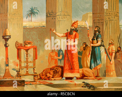 Neuassyrischen Reich. Der König Assurbanipal (668-627 v. Chr.) Einbußen bei der Lions für die Götter. Zeichnung von Dionisio Baixeras (1862-1943). Chromolithography. La Civilizacion (der Zivilisation), Band I, 1881. Stockfoto