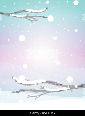 Abstrakte Winterlandschaft mit Schnee und leere Zweige auf eine weiche mint grün und hell-lila Hintergrund. Stock Vektor