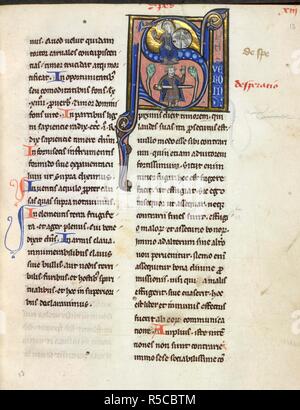 Historisierte Initiale'S" (PES) einer Verkörperung der Hoffnung, die ein Geschenk Gottes ist, und eine Personifizierung der Verzweiflung selbst Impaling auf das Schwert. De moribus (zweiter Teil von De virtutibus et vitiis). Frankreich, N. oder Niederlande, S.; C. 1250-1260. Quelle: Yates Thompson 44, w., 13. Sprache: Latein. Stockfoto