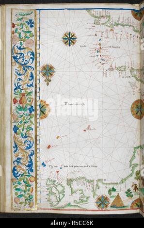 Diagramm der Ostküste von Nordamerika von 51 Å' zu 6 Å' Nord, den Westindischen Inseln und den Golf von Mexiko. Jean Rotz, Boke von Idrography (Die "Rotz Atlas'). c 1535-1542. Quelle: Royal MS 20E IX f. 23 v. Sprache: Französisch und Englisch. Stockfoto