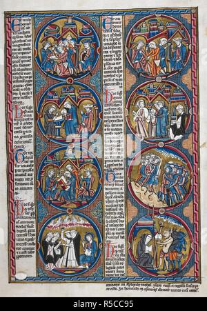 Biblische Szenen und moralizations in einer Serie von acht roundels. Bibel moralisÃ©e (Abschnitt des Oxford-Paris - London Bibel moralisÃ © e), enthält 1 Makkabäer 1 Makkabäer 14:57-2:46. Frankreich, Zentrale (Paris); 2. Quartal des 13. Jahrhunderts. Quelle: Harley 1526, f, 15. Sprache: Latein. Stockfoto