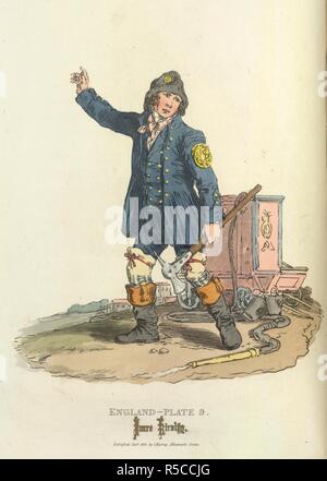 Ein Feuerwehrmann. Malerische Darstellungen der Kleid und Manne. London: Thomas McLean, [Ca. 1830]. Ein Feuerwehrmann mit einer Axt. Ein Schlauch ist auf dem Boden. Bild von der malerischen Darstellungen der Kleidung und Manieren der Englischen genommen. Dargestellt in 50 farbigen Gravuren, mit Beschreibungen. Ursprünglich/in London produziert veröffentlicht: Thomas McLean, [Ca. 1830]. . Quelle:7744. C.10, Platte IX. Sprache: Englisch. Stockfoto