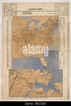 Eine Karte der Atlantischen Staaten von Nordamerika. Karte der Atlantischen Staaten, 50 km Entfernungen von Washington; der Battle Ground, 5 km Entfernungen von Washington; (und eine Karte von Norfolk Hafen, Fort Monroe und Umgebung) Angezeigt 1 Meile Entfernung von der Festung. ([Auch 2 kleine Karten von] Festung Monroe [und der] Position der Kräfte am Bull Run, etc.). Boston: L. Prang & Co., 1861. Quelle: Karten 71495. (52.). Sprache: Englisch. Stockfoto