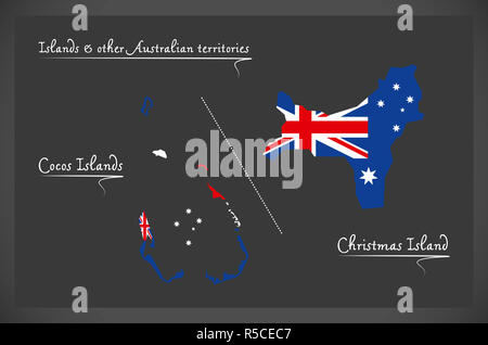 Kokosinseln und Weihnachtsinsel Karte mit australischen Nationalflagge illustration Stockfoto