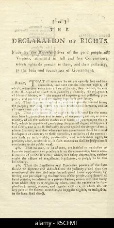 Â € "Die Erklärung der Menschenrechte von den Vertretern der guten Bevölkerung von Virginia, in vollständiger und freier Übereinkommen montiert; welche Rechte haben die zu Ihnen und ihrer Nachkommenschaft als Grundlage und Fundament der Regierung €™. Die Artikel der Eidgenossenschaft; die Erklärung der Rechte; die Verfassung des Commonwealth [d. h. Virginia], und die Artikel der endgültige Vertrag zwischen Grossbritannien und den Vereinigten Staaten von Amerika. Richmond [USA]: Dixon & Holt, [1784]. Quelle: 8505.aa.44, Seite 12. Sprache: Englisch. Stockfoto
