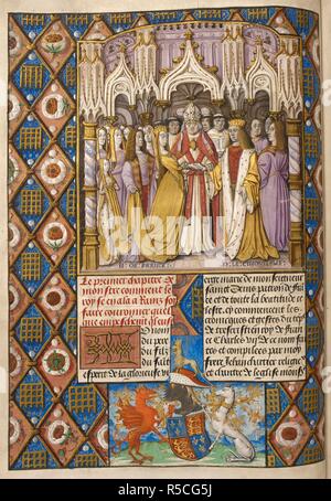 Die Ehe von König Heinrich V. von England und Katharina von Valois (in 1420. Grenze der rautenförmige Fächer mit abwechselnd ein fallgatter und eine weiße Rose mit Red Centre. Am Fuß der Seite sind die Waffen von König Henry VII mit Kamm der gekrönte Löwe und ein wyvern und Greyhound als Unterstützer. Chroniques De France ou de Saint Denis. Frankreich (Paris?); 1487. Quelle: Royal 20 E.VI, f. 9 v. Sprache: Französisch. Stockfoto