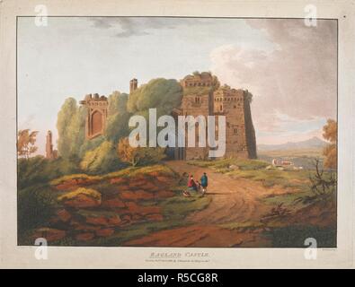 Ragland schloss. Eine Burg in teilweise von Bäumen und Pflanzen umgeben ist; einer felsigen Landschaft; Werte in den Vordergrund; Rinder und Schafe nach rechts; Berge in der Ferne. . Ragland Schloss/J. Laporte del; W. Pickett sculp. London: Pubd Decr 1 1812 von J. Dunford brt Newport Strt. 1 Drucken: aquatinta und Ätzen mit hand-Färbung; Platte 28,8 x 38,3 cm, auf Blatt 35,6 x 50 cm. Quelle: Maps.K.. 23,74. d. Stockfoto