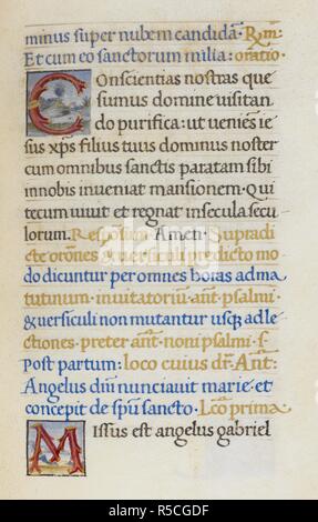 Text Seite; Initialen 'C' und 'M'. Mirandola Stunden. Italien, ca. 1490-1499. [Ganze folio] Text Seite von den Stunden der Jungfrau; Initialen 'C' und 'M' gebildet von Filialen mit malerischem Hintergrund Bild von Mirandola Stunden genommen. Ursprünglich veröffentlicht in Italien produziert, ca. 1490-1499. Quelle: Hinzufügen. 50002, f 56. Sprache: Latein. Stockfoto