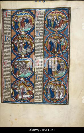 Biblische Szenen und moralizations in einer Serie von acht roundels aus Matthäus 4:18-21 und Lukas 5:1-3. Bibel moralisÃ©e. Frankreich, Zentrale (Paris); 2. Quartal des 13. Jahrhunderts. Quelle: Harley 1527, f, 21. Sprache: Latein. Stockfoto