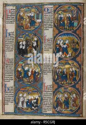 Biblische Szenen und moralizations in einer Serie von acht roundels. Bibel moralisÃ©e (Abschnitt des Oxford-Paris - London Bibel moralisÃ © e), enthält 1 Makkabäer 1 Makkabäer 14:57-2:46. Frankreich, Zentrale (Paris); 2. Quartal des 13. Jahrhunderts. Quelle: Harley 1526, f4v. Sprache: Latein. Stockfoto